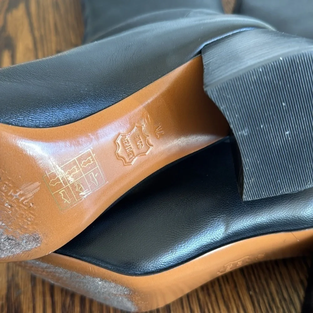 Tory Burch Black Sidney Leather 70mm Knee Boot. Stacked heel. Metal heel logo. 7